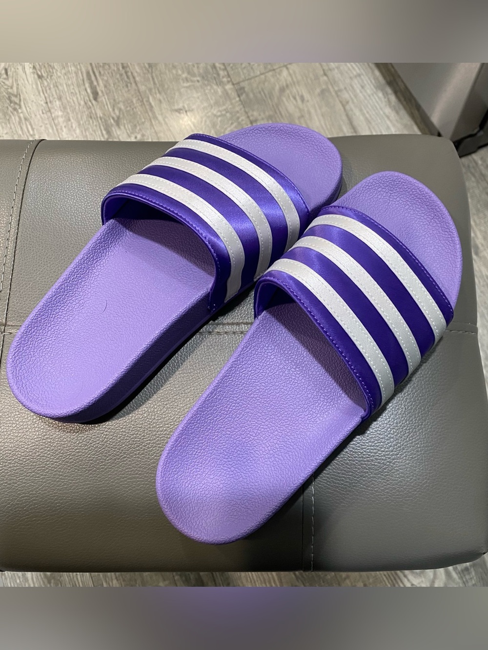 NWOT- Women’s Adidas Adilette Purple w/ White Stripes Slides/Sandals- US Size 8